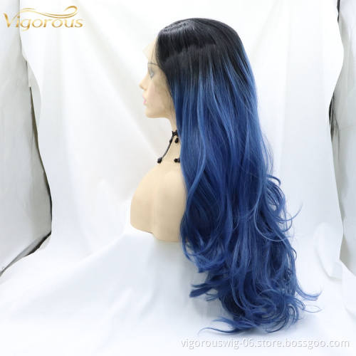 Vigorous Pre Plucked Natural Hairline Long Body Wave Ombre Blue Synthetic Lace Front Hair Wig for Women